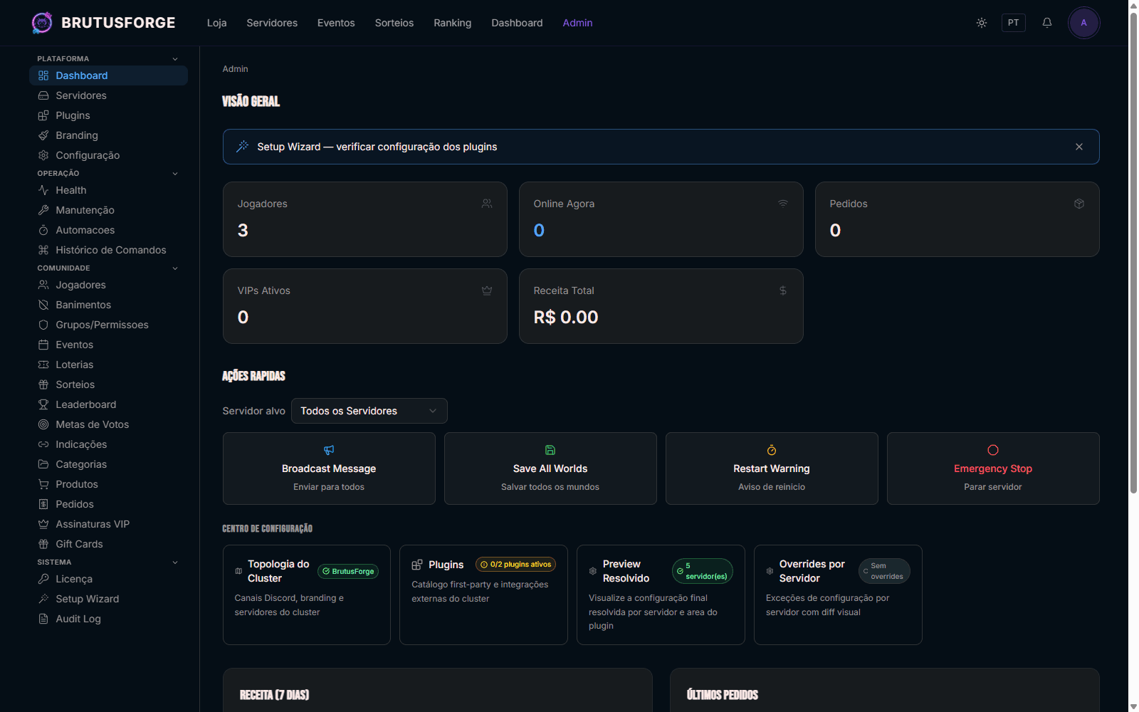 Painel admin BrutusForge — visão geral do cluster